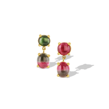 Load image into Gallery viewer, Mismatched bookend cut Brazilian watermelon tourmalines complimented and highlighted by cat's eye pink and green tourmalines, also from Brazil. Set in our signature hand finished gold. Length approximately 22 mm W 8.7mm (L .8in W .34in).

Handmade with recycled 22k gold, Brazilian Cat's Eye tourmaline (3.95ctw) and Brazilian bi-color tourmaline (6ctw).

One-of-a-kind.