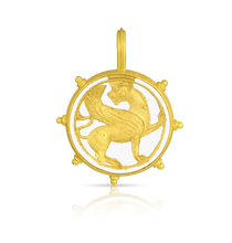 Load image into Gallery viewer, One-of-a kind carved and gilded rock crystal charm inspired by the Persian Achaemenid gold roundel of a winged lion now held at the Oriental Institute of the University of Chicago. Handmade using recycled 22k yellow gold and Ataléia rock crystal from Brazil.&nbsp;Chain is available separately.
